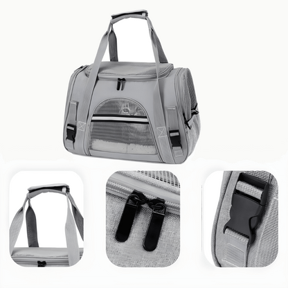 Sac de transport gris vu de trois quarts, avec zooms sur les poignées rembourrées, les tirettes de fermeture et la boucle de sangle