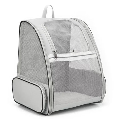 Sac à dos de transport pour chat en toile grise, parois en maille respirante, vue de trois quarts