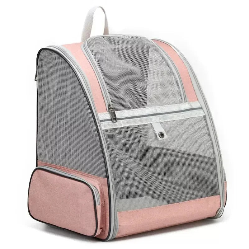 Sac à dos de transport pour chat en toile rose et grise, parois en maille, vue de trois quarts