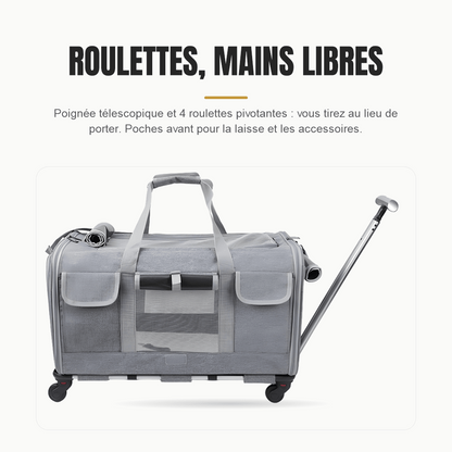 Sac de transport gris vu de profil, poignée télescopique sortie et quatre roulettes pivotantes, deux poches avant zippées