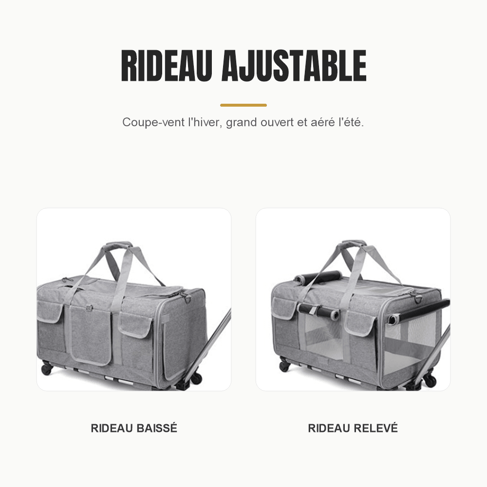 Comparatif en deux vues du rideau pare-vent, baissé sur toute la paroi puis relevé et roulé pour dégager la maille