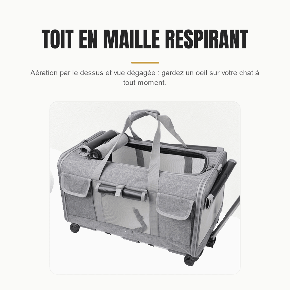 Vue de dessus du sac ouvert par le toit en maille, poignées de portage rabattues et poches latérales visibles