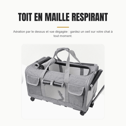 Vue de dessus du sac ouvert par le toit en maille, poignées de portage rabattues et poches latérales visibles