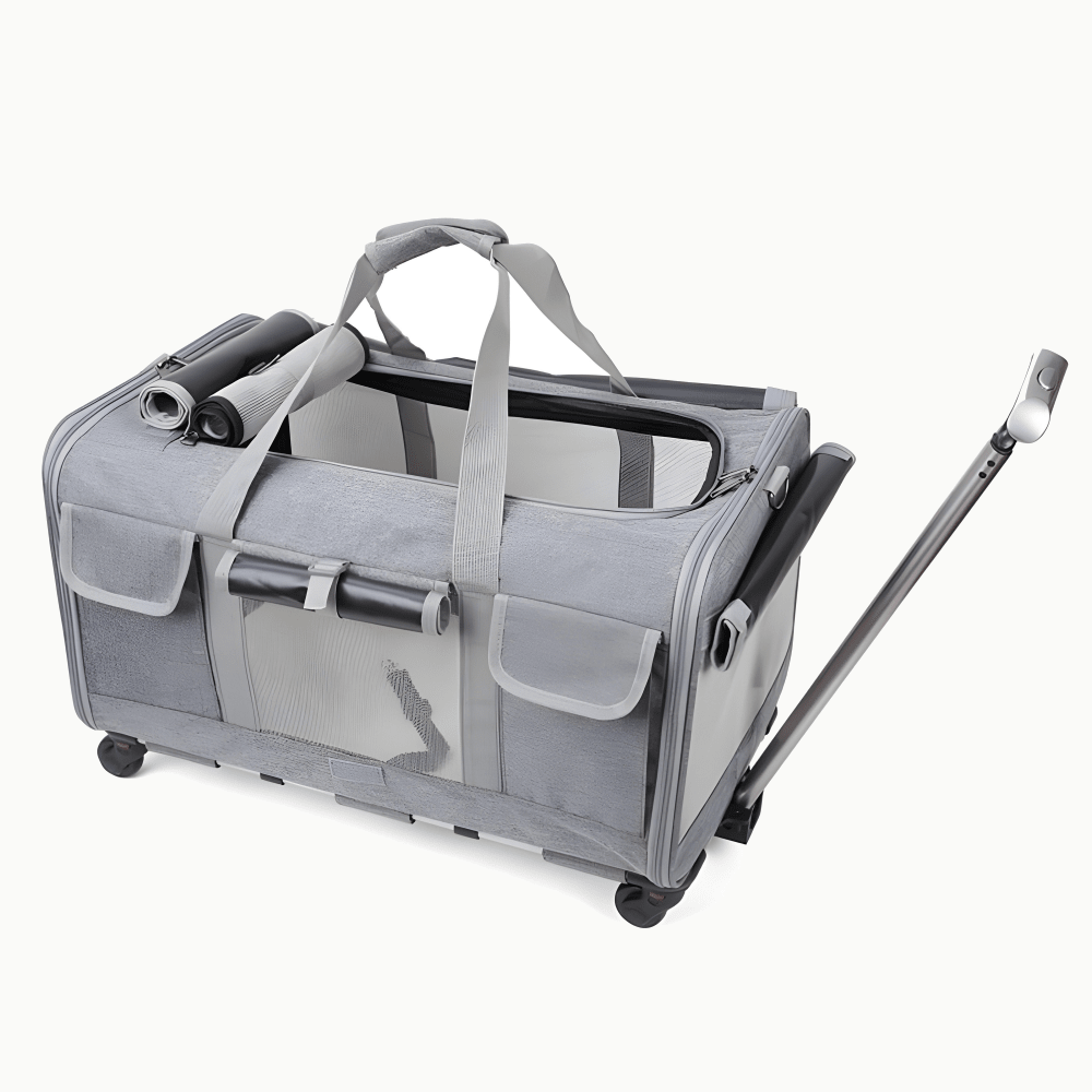 Sac de transport gris vu de trois quarts sur fond crème, toit ouvert et rideaux enroulés, canne de tirage sortie