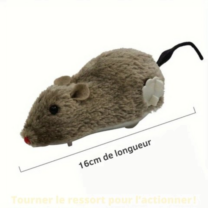 Souris en peluche grise vue de profil avec son remontoir sur le flanc, 16 cm de longueur