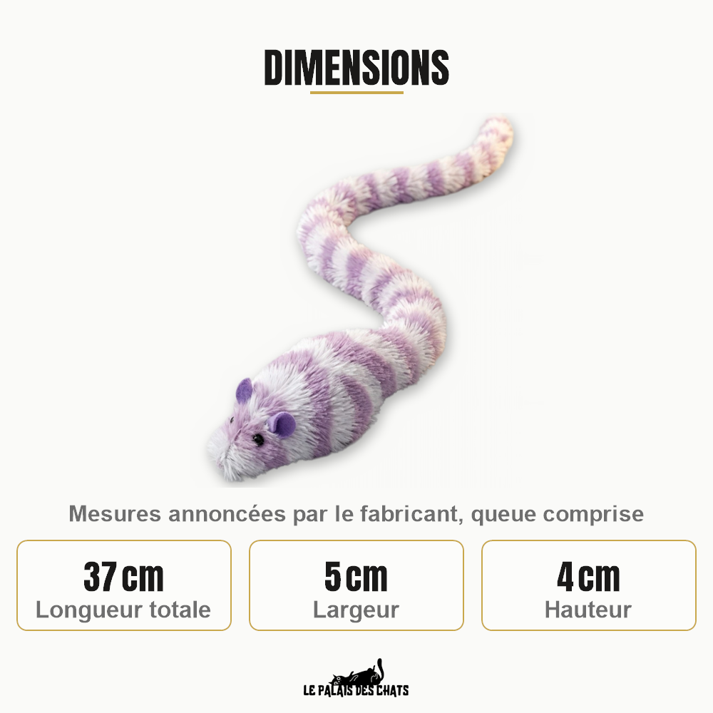 Dimensions de la souris en peluche Princesse Guimauve : 37 cm de long queue comprise, 5 cm de large, 4 cm de haut