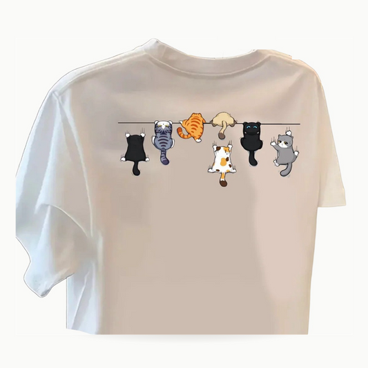 T-shirt chat blanc imprimé bande de chatons, coton oversize