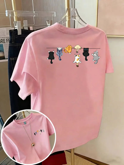 T-shirt chat en coton imprimé, col rond, coupe oversize | La Bande de Chatons - Le Palais des Chats