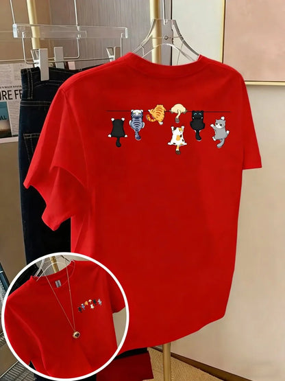 T-shirt chat en coton imprimé, col rond, coupe oversize | La Bande de Chatons - Le Palais des Chats