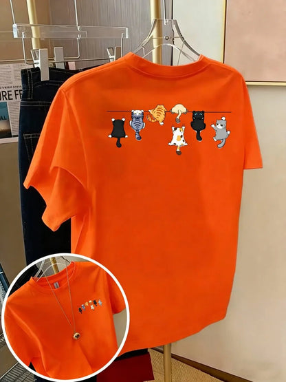 T-shirt chat en coton imprimé, col rond, coupe oversize | La Bande de Chatons - Le Palais des Chats
