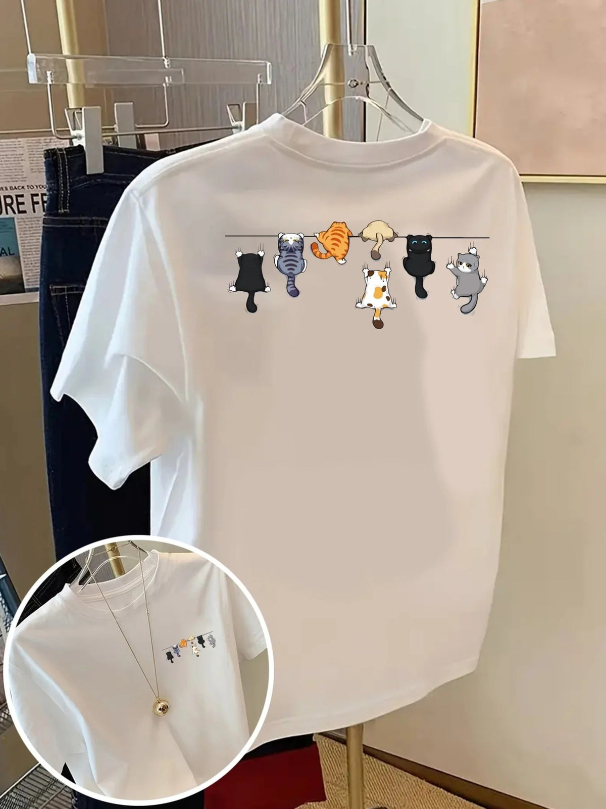 T-shirt chat en coton imprimé, col rond, coupe oversize | La Bande de Chatons - Le Palais des Chats