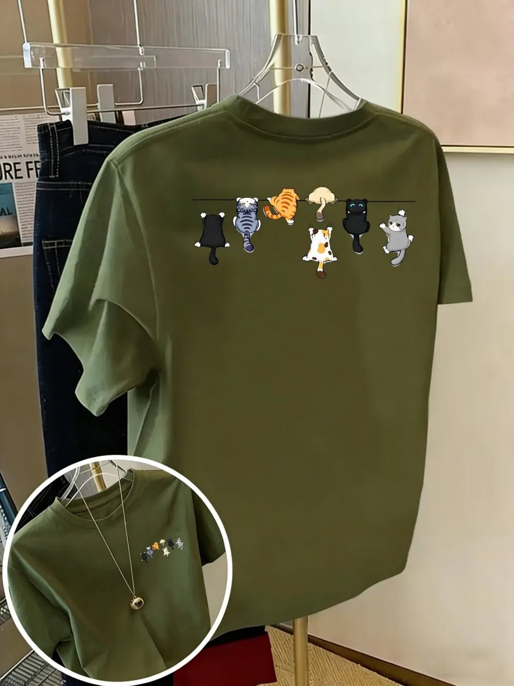 T-shirt chat en coton imprimé, col rond, coupe oversize | La Bande de Chatons - Le Palais des Chats