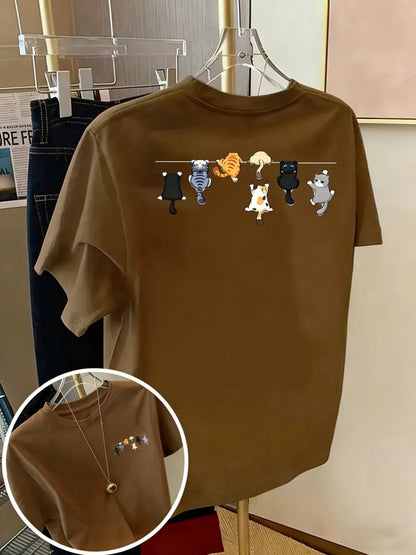 T-shirt chat en coton imprimé, col rond, coupe oversize | La Bande de Chatons - Le Palais des Chats