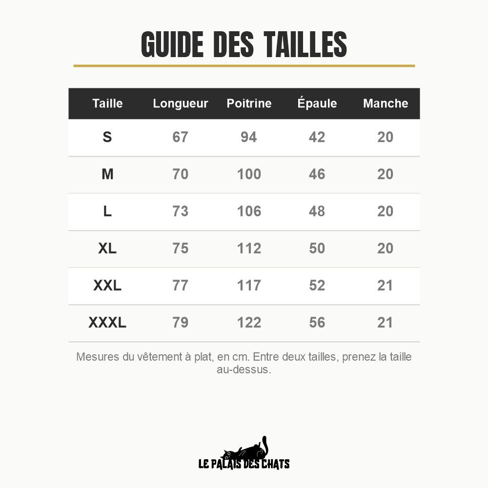 Guide des tailles du t-shirt chat, du S au XXXL