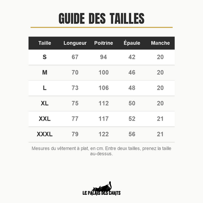 Guide des tailles du t-shirt chat, du S au XXXL