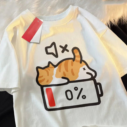 T-shirt chat imprimé, motif chat batterie 0 %, col rond oversize | Mode Sieste - Le Palais des Chats