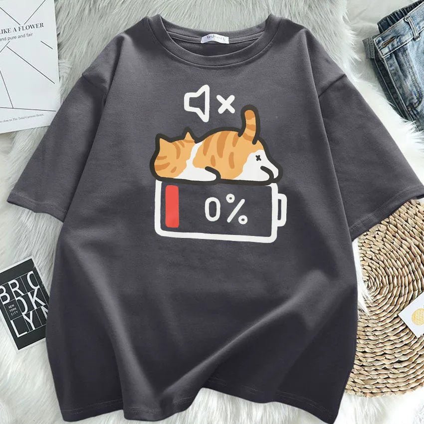 T-shirt chat imprimé, motif chat batterie 0 %, col rond oversize | Mode Sieste - Le Palais des Chats
