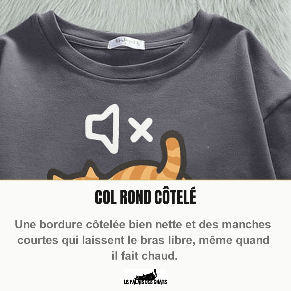 T-shirt chat imprimé, motif chat batterie 0 %, col rond oversize | Mode Sieste - Le Palais des Chats