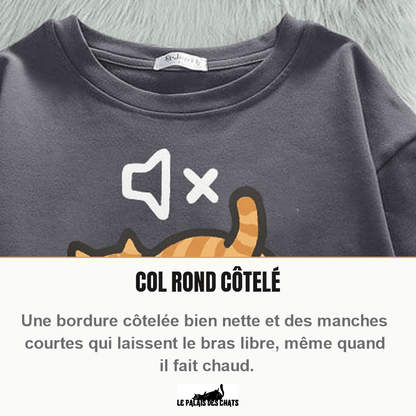 T-shirt chat imprimé, motif chat batterie 0 %, col rond oversize | Mode Sieste - Le Palais des Chats
