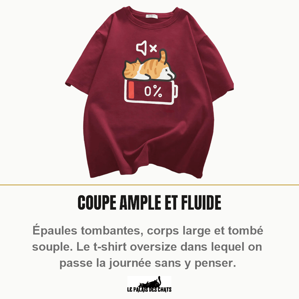 T-shirt chat imprimé, motif chat batterie 0 %, col rond oversize | Mode Sieste - Le Palais des Chats