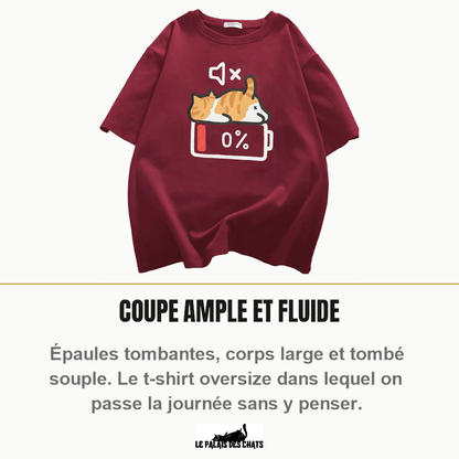 T-shirt chat imprimé, motif chat batterie 0 %, col rond oversize | Mode Sieste - Le Palais des Chats