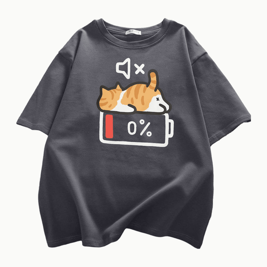 T-shirt chat imprimé, motif chat batterie 0 %, col rond oversize | Mode Sieste - Le Palais des Chats