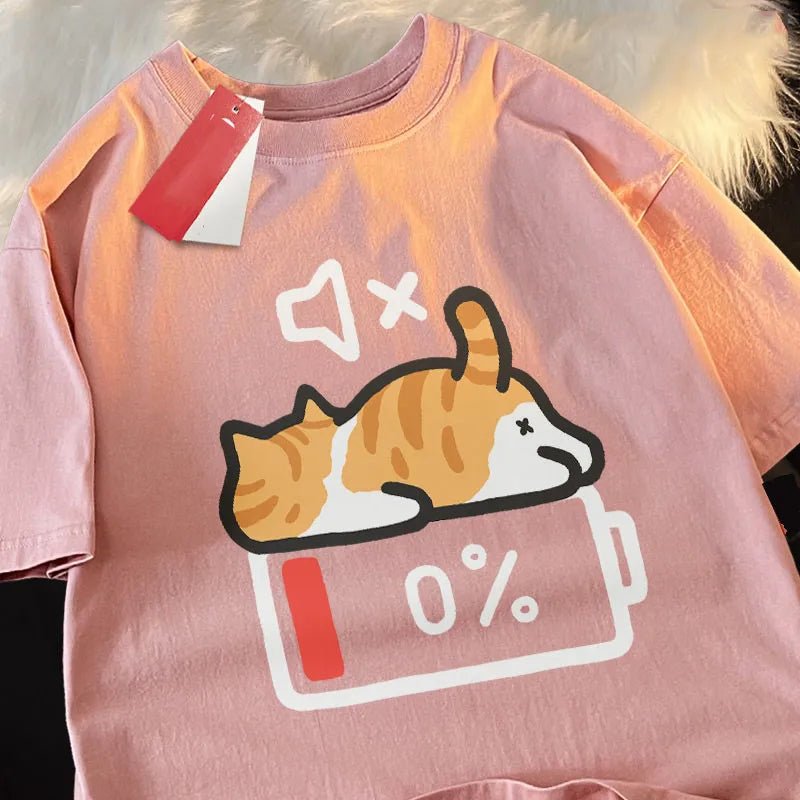 T-shirt chat imprimé, motif chat batterie 0 %, col rond oversize | Mode Sieste - Le Palais des Chats