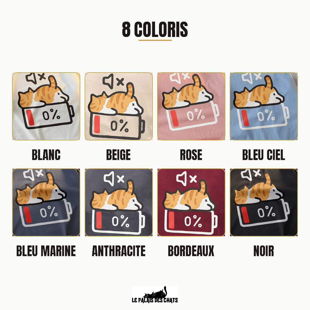 T-shirt chat imprimé, motif chat batterie 0 %, col rond oversize | Mode Sieste - Le Palais des Chats