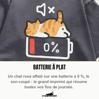 T-shirt chat imprimé, motif chat batterie 0 %, col rond oversize | Mode Sieste - Le Palais des Chats