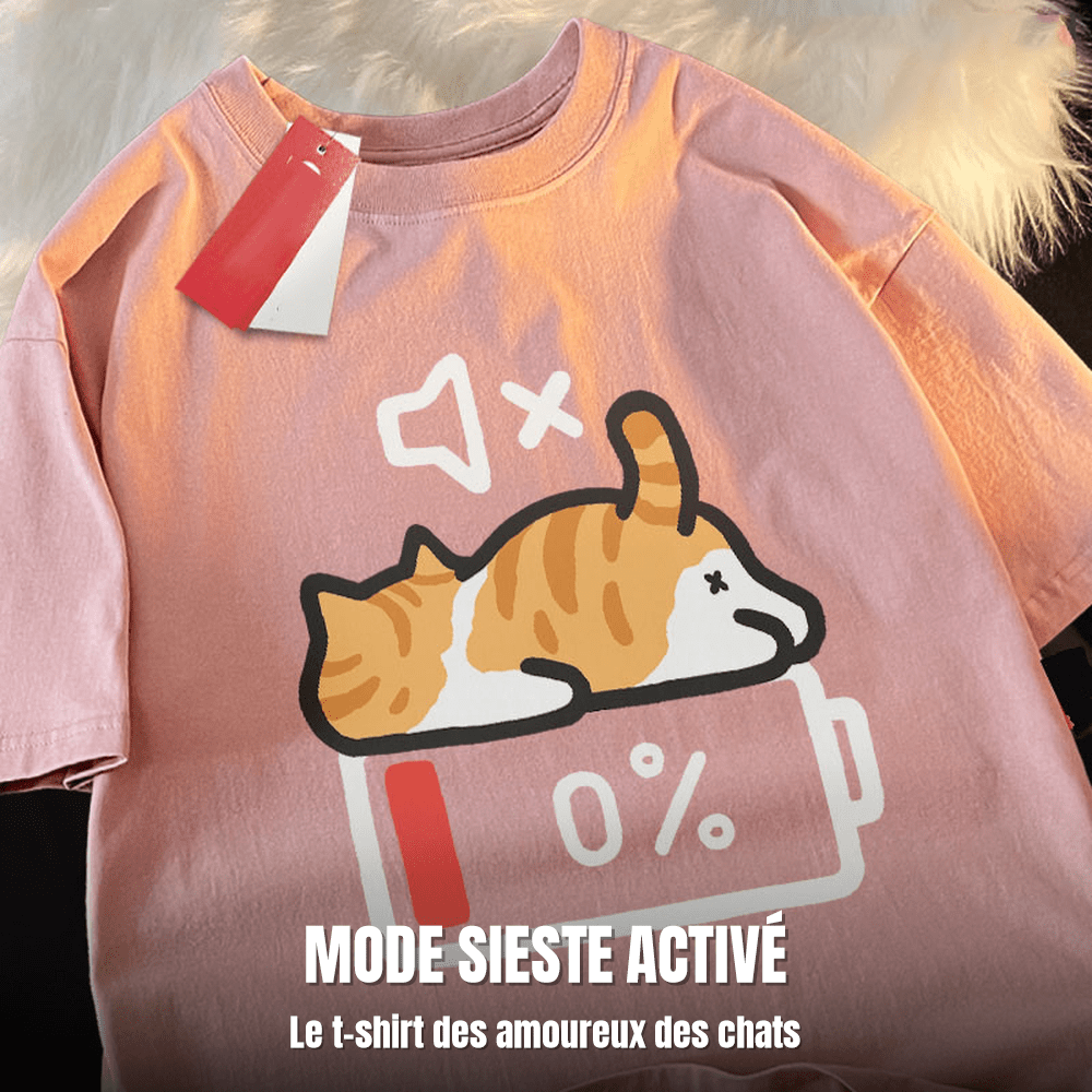 T-shirt chat imprimé, motif chat batterie 0 %, col rond oversize | Mode Sieste - Le Palais des Chats