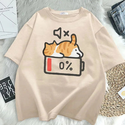 T-shirt chat imprimé, motif chat batterie 0 %, col rond oversize | Mode Sieste - Le Palais des Chats