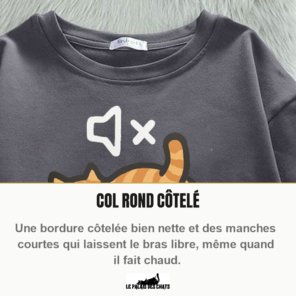 Col rond côtelé du t-shirt chat Mode Sieste