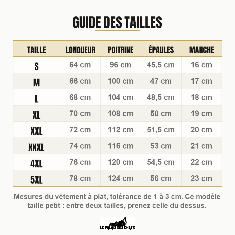 Guide des tailles du t-shirt chat Mode Sieste, du S au 5XL