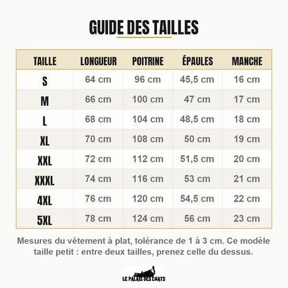 Guide des tailles du t-shirt chat Mode Sieste, du S au 5XL