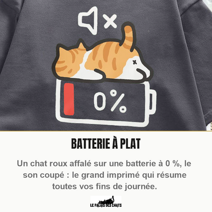 Gros plan de l'imprimé chat sur batterie à 0 % du t-shirt Mode Sieste