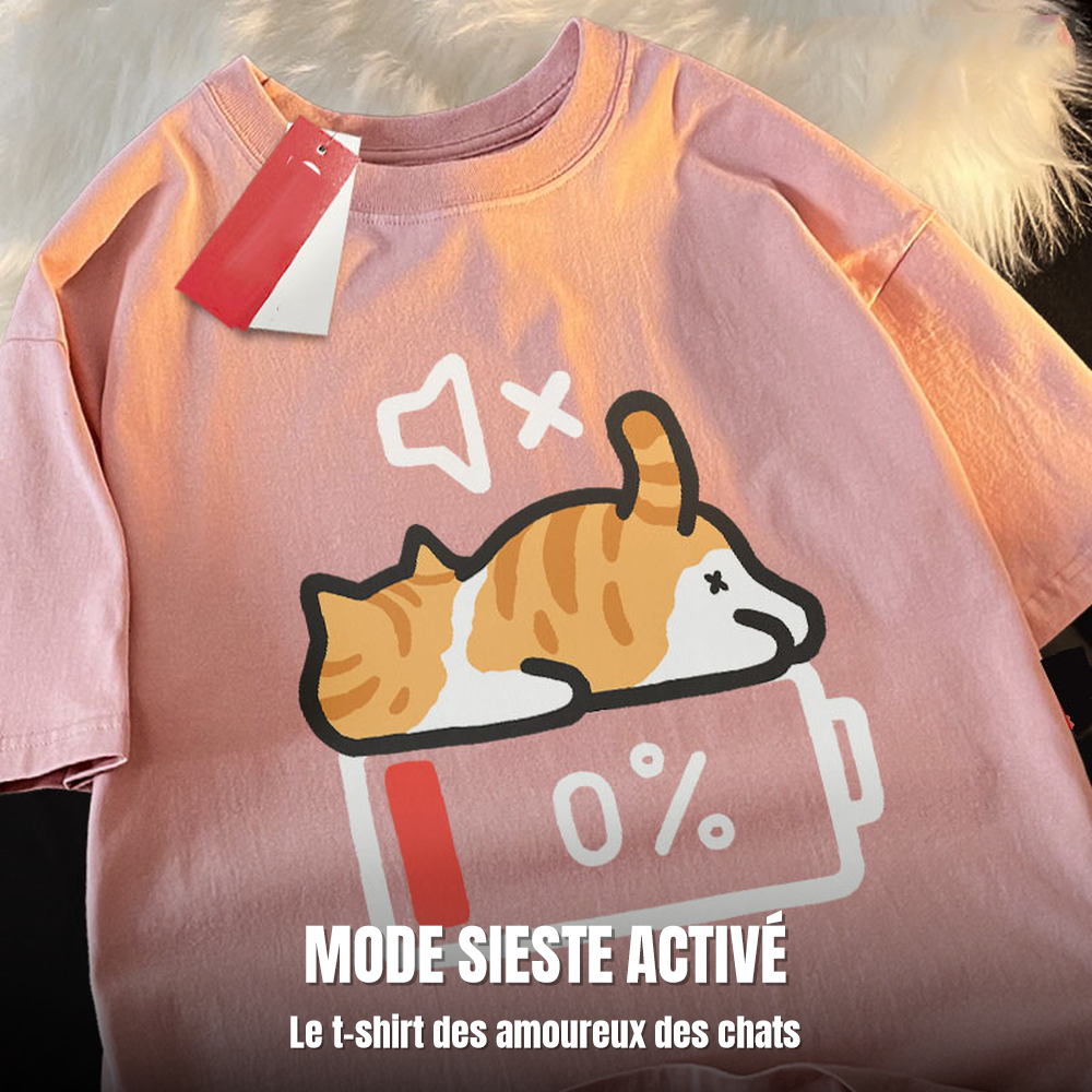 T-shirt chat Mode Sieste en coloris rose, motif chat batterie à 0 %