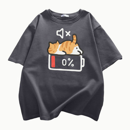 T-shirt chat imprimé Mode Sieste, motif chat affalé sur une batterie à 0 %, coloris anthracite