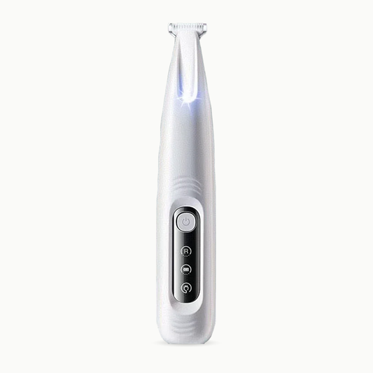 Tondeuse de pattes pour chat à LED Le Pédicure Royal, blanche, vue de face avec son écran à pictogrammes et son bouton marche