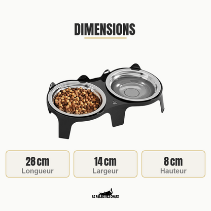 Dimensions gamelle double surélevée chat : 28 cm longueur, 14 cm largeur, 8 cm hauteur