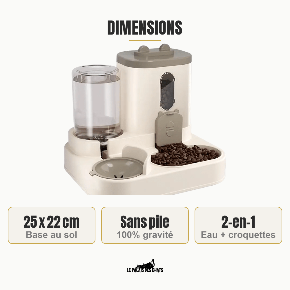 Dimensions du distributeur La Station Royale : 25 x 22 cm, sans pile 100% gravité, 2-en-1 eau et croquettes