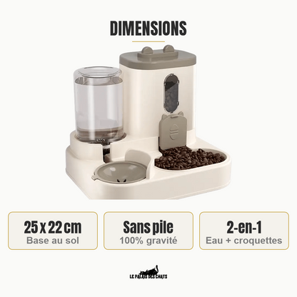 Dimensions du distributeur La Station Royale : 25 x 22 cm, sans pile 100% gravité, 2-en-1 eau et croquettes