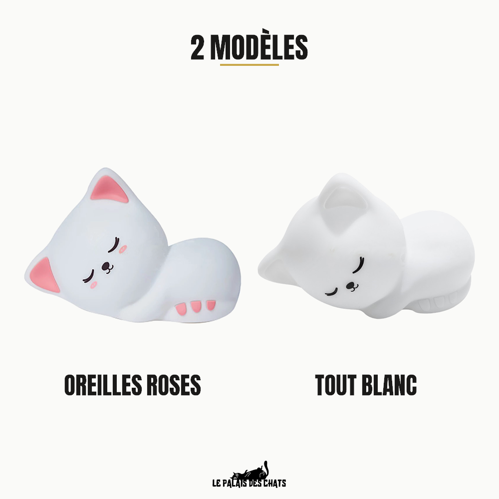 Les 2 modèles de la veilleuse chat Le Veilleur Endormi : oreilles roses et tout blanc
