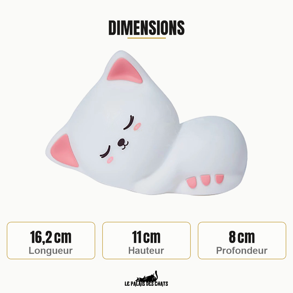 Dimensions de la veilleuse chat Le Veilleur Endormi : 16,2 cm de long, 11 cm de haut et 8 cm de profondeur