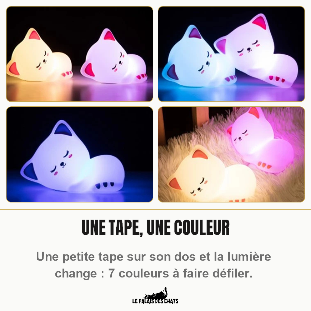 Veilleuse chat Le Veilleur Endormi allumée en orange, rose, bleu et violet : une tape sur le dos change la couleur